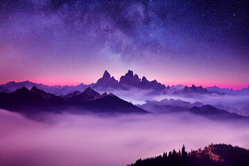 Milky Way above mountains in fog at night in autumn. Landscape with alpine mountain valley, low clouds, purple starry sky with milky way