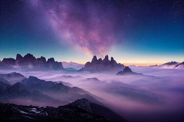 Milky Way above mountains in fog at night in autumn. Landscape with alpine mountain valley, low clouds, purple starry sky with milky way