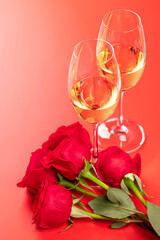 Valentines day card with champagne and rose flowers