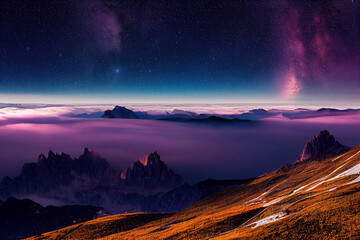 Milky Way above mountains in fog at night in autumn. Landscape with alpine mountain valley, low clouds, purple starry sky with milky way