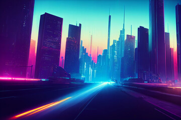 Fototapeta na wymiar Synthwave Cyberpunk, Neon shades of Magenta and Teal, City