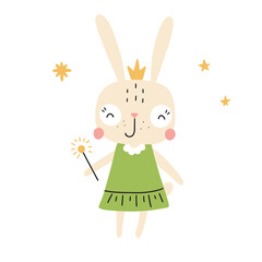 Vector illustration with cute hare and stars on white background for your design.