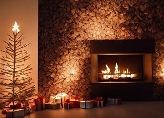 christmas fireplace with christmas tree and gifts, generative ai