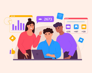 Social media marketing concept with man with laptop and his team and icons of SMM. Young people managing SMM strategy processes. Flat vector illustration.
