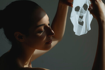 Fototapeta Young beautiful woman applies white sheet mask to her face obraz