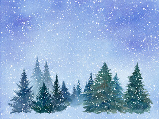 夜空と雪降る森林の水彩イラスト。クリスマスシーズン。背景。