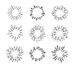 Obraz premium Hand drawn firework. Star burst. Sunburst doodle icon. Hand drawn explosion frame. Sparkles set with radial lines. Explosion vintage effects. Vector illustration isolated on white background.