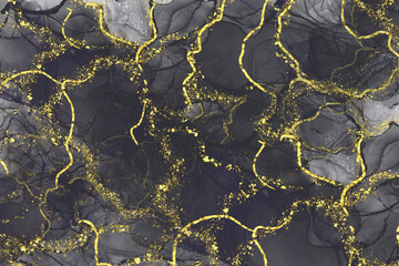 Dark Gray Black Alcohol ink art with gold elements, modern fluid background with gold glitter
