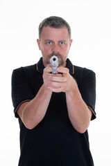 handsome middle aged special agent man with gun on white background