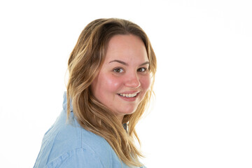 Plus size girl in blue shirt fat woman portrait on white background