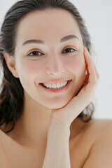 Happy young beautiful woman close up. Skin care