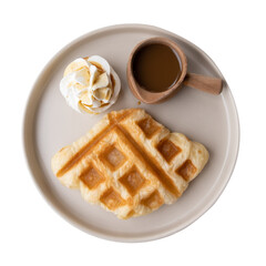 waffles with ice cream and chocolate syrup on white  background