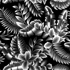 Seamless tropical pattern with monochromatic plants leaves and foliage on dark background. Seamless exotic pattern with tropical plant. Exotic wallpaper. Trendy summer Hawaii print. jungle background
