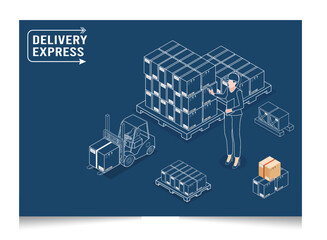 3D isometric Smart logistics concept with worker scanning barcode on box, Warehouse Logistics and Management, Logistics solutions complete supply chain, transportation truck. Vector illustration eps10