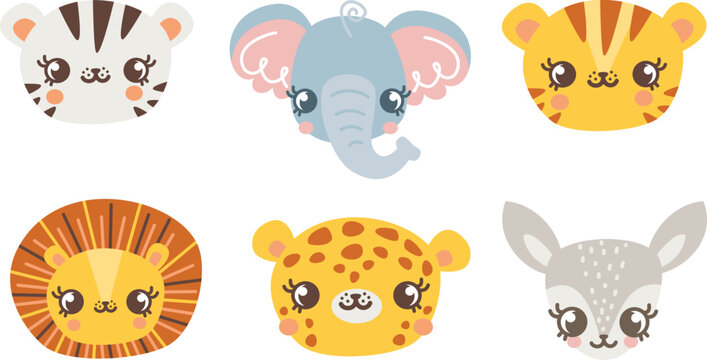 Vector set of animals of the savannah and Africa. Tiger, lion, leopard, white tiger, elephant, antelope. Cute animal faces on white background 