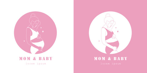 Set of logos for maternity hospital. Logotype with pregnant women. Contemporary minimalist female figures in linear style. Modern vector hand drawn illustration. Clinic center and health care.