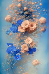 Royal blue fantasy flowers with pleasant background. Gift card design. Greeting card design. Flower element for design