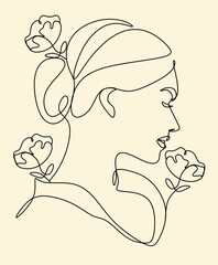 Woman face with flowers Line art. Elegant Feminine Beauty Logo. Abstract face with plants by one line drawing. Portrait minimalistic style. Botanical print. Nature symbol of cosmetics.