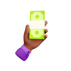 Man hand with money, paper cash bundle. Concept of financial business, income, payment, investment, loan with african american person hand holding stack of dollar bills, 3d render illustration