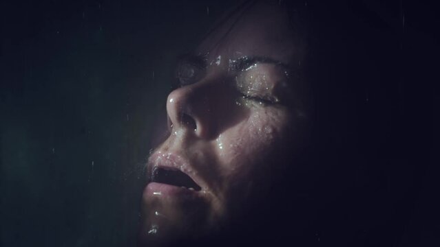 Woman Enjoy in Shower with Vapor and Sunlight in Switzerland.