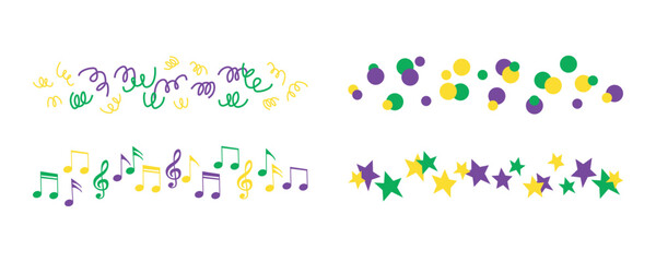 Set of festive border lines for festival, masquerade and Mardi Gras carnival. Colorful patterns - stars, music notes, serpentine and confetti. Shrove Tuesday, Fat Tuesday, celebration march parade. - obrazy, fototapety, plakaty