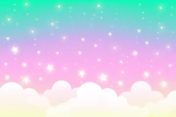 Foto op Plexiglas Holographic fantasy rainbow unicorn background with clouds and bubbles. Pastel color sky. Magical landscape, abstract fabulous pattern. Cute candy wallpaper. Vector. © Chorna_L