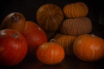Yellow-orange pumpkins on a black background the concept of Halloween and the autumn harvest of pumpkin close-up copyspace from above