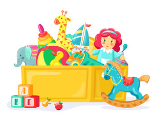Fototapeta premium Baby toys in box. Colorful inventory for kids games and entertainment. Container full of objects for boys and girls
