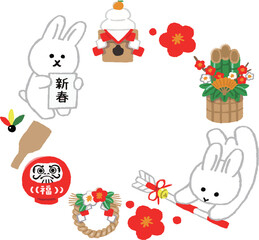 うさぎのお正月フレーム（手描きカラー）