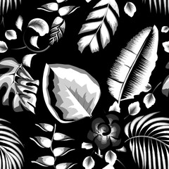 Tropical pattern with abstract plants and leaves on dark background. Hawaiian style. Seamless pattern with vintage nature ornaments. monochromatic stylish color. Floral background. Exotic tropics.