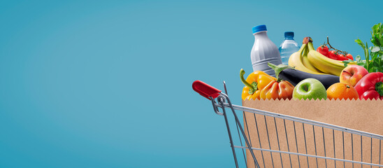 Shopping cart with fresh groceries © stokkete