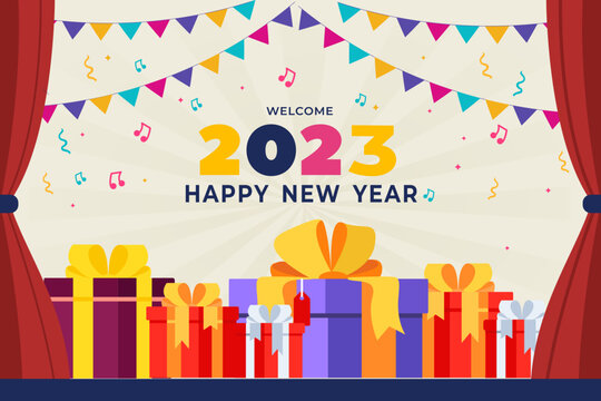 Welcoming 2023 New year with lots of surprises and gifts, celebrate new year together and distributes gifts vector illustration.