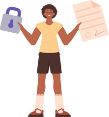 A man holds a contract or document in his hands. Smart contract concept. Data protection. Modern style character.