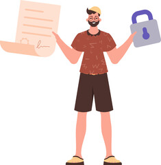 A man holds a contract or document in his hands. Smart contract concept. Data protection. Trend style character.