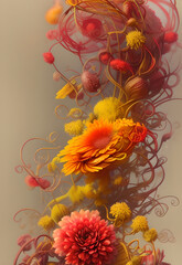Orange fantasy flowers with pleasant background. Gift card design. Greeting card design. Flower element for design