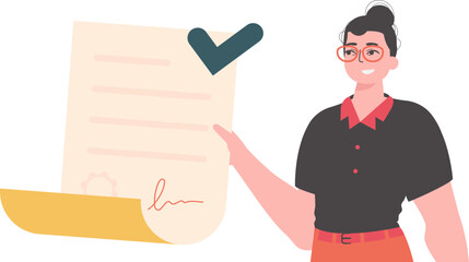 The man is holding a document. Data protection. Smart contract. Trend style character.