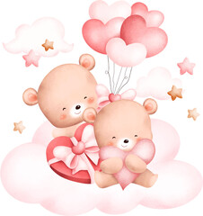 Cute couple bears on the cloud. Watercolor illustration.