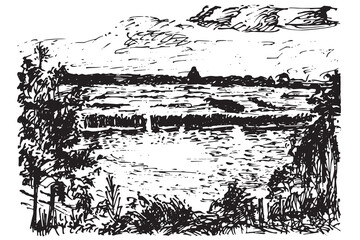 Fototapeta premium Trees over lake nature landscape background engraving black and white sketch vector