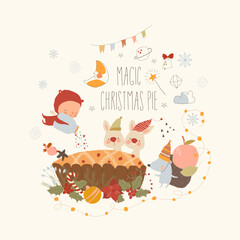 Cute Animals with Little Angel baking Magic Christmas Pie