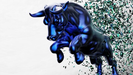 Fototapeta premium Metallic blue bull with green particles in dramatic contrasting light representing financial market trends under black-white background. Concept 3D CG of stock market.