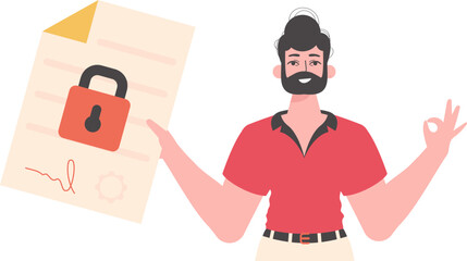The man is holding a document. Smart contract. Data protection. Trend style character.