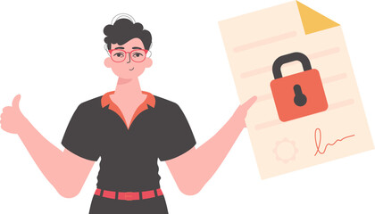 The man is holding a document. Smart contract. Data protection. Modern trendy style.