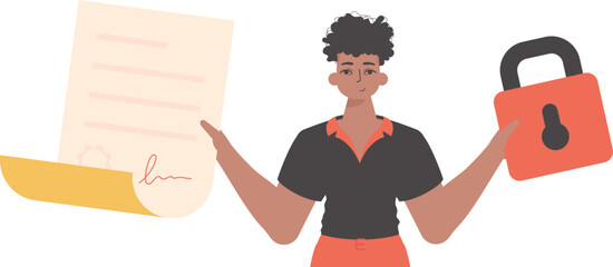 A man is holding a contract or document. Data protection. Smart contract. Modern style character.