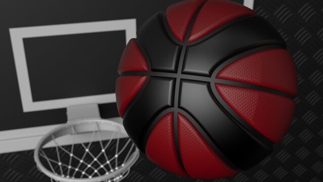 Metallic Black-Red Basketball and Black-Gray Basketball Goal Plate under spot lighting background. 3D CG. 3D sketch design and illustration. 3D high quality rendering.
