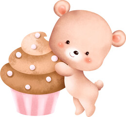 Teddy bear and cupcake. watercolor illustration.