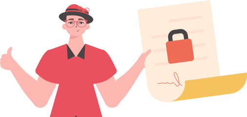 A man is holding a contract or document. Smart contract. Data protection. Modern trendy style.