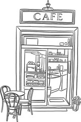Cafe restaurant Front shop with table and seat Hand drawn line art illustration