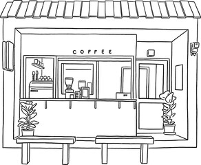 Cafe restaurant Front shop with table and seat minimal style Hand drawn line art illustration