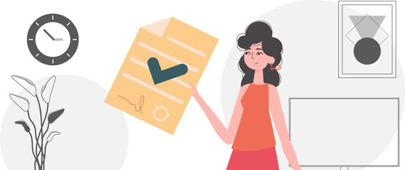 Data protection concept. Smart contract. The girl is holding a contract or a document.