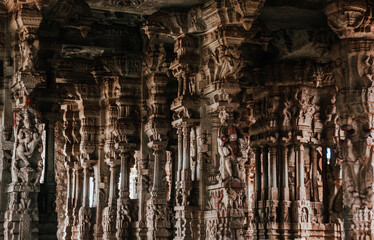 Beautiful Stone Carving pillar architecture at The Vittala Temple or Vitthala Temple in Hampi...